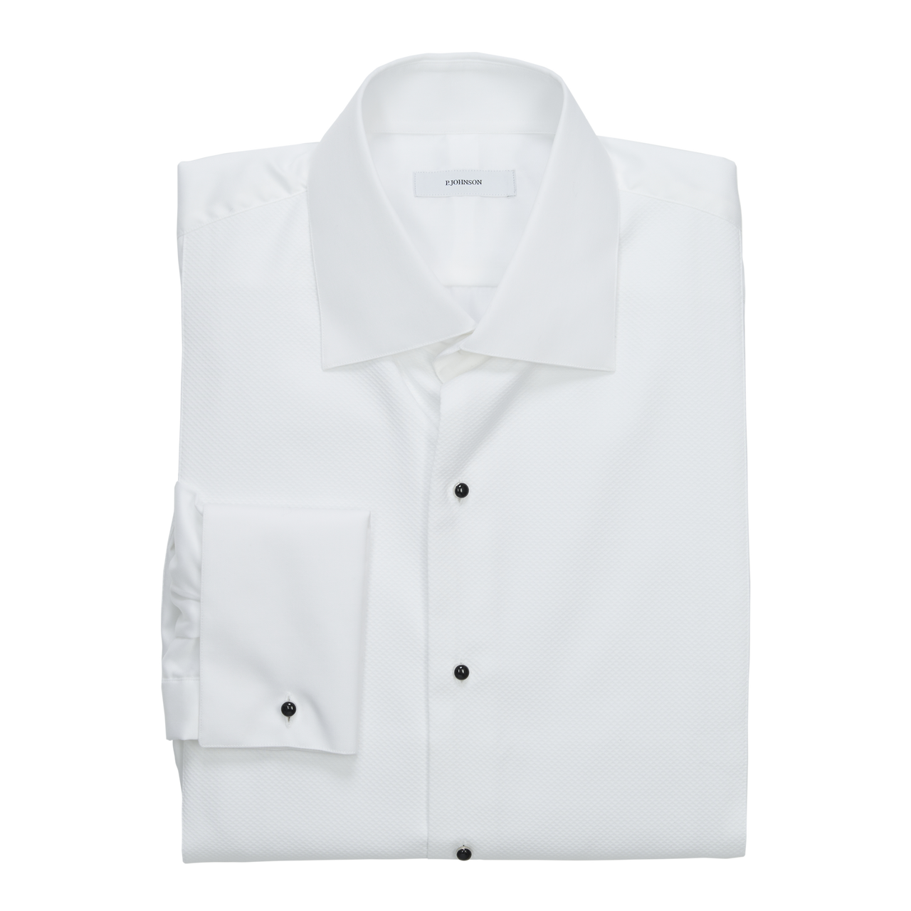 P. Johnson Tuxedo Shirt in White Cotton Twill with Spread Collar and Full Marcella Bib