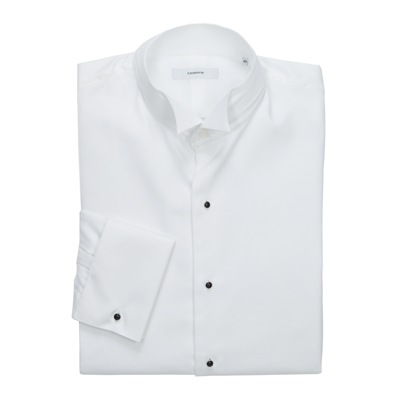 P. Johnson Tuxedo Shirt in White Cotton Twill with Wing Collar and Full Marcella Bib